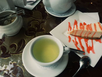 High angle view of tea served on table