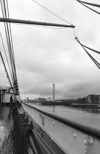 Bridge over river against sky in city