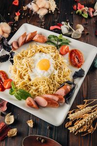 High angle view of breakfast served on table