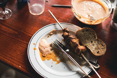 High angle view of food in plate on table