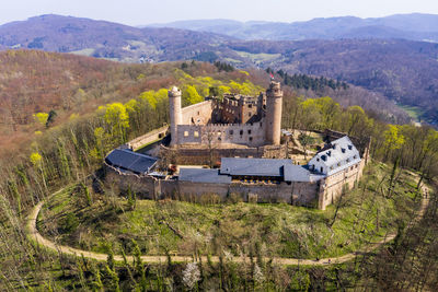 High angle view of castle on mountain