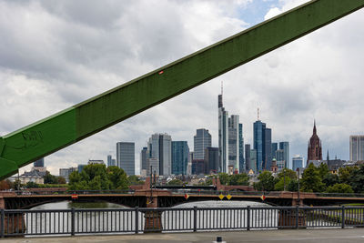 Bridge over river by buildings against sky
