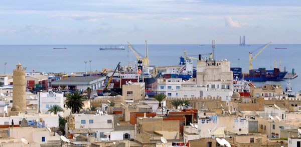 High angle view houses and port