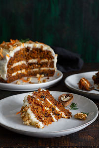 Close-up of cake served on table