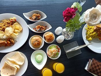 High angle view of meal served on table