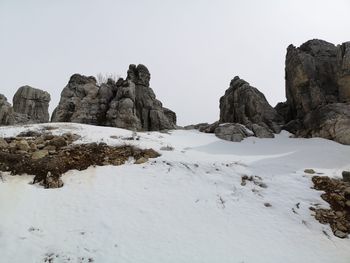 Rocks on snow covered land against clear sky