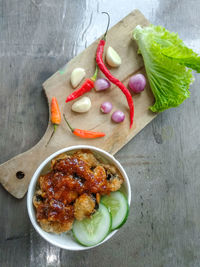 High angle view of salad in bowl on table