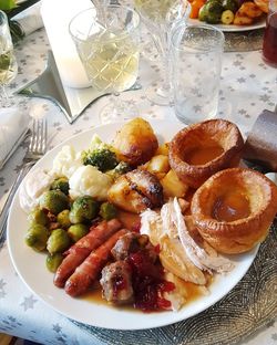 High angle view of food in plate on table