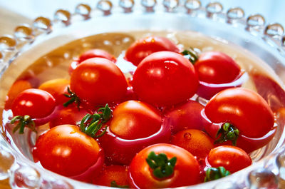 High angle view of cherry tomatoes in bowl