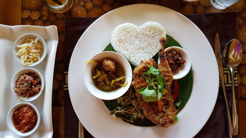 High angle view of meal served on table