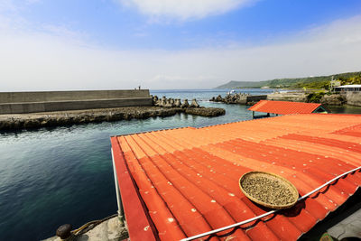 High angle view of swimming pool by sea against sky