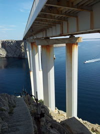 View of built structure by sea
