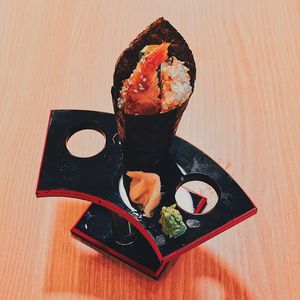 High angle view of sushi on table