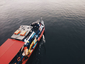 High angle view of ship sailing on sea