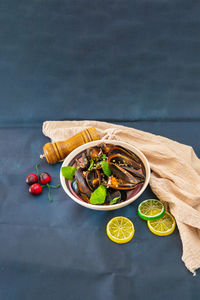 High angle view of fruits in bowl on table