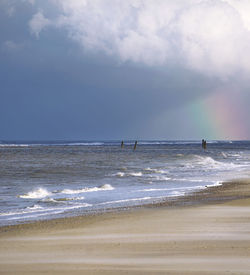 Scenic view of beach against cloudy sky