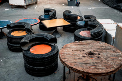 High angle view of tires and table