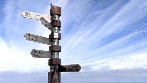 Low angle view of road sign against sky