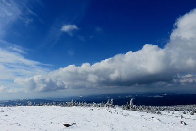 Scenic view of snow covered land against sky