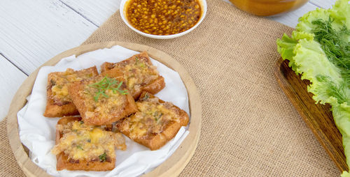 High angle view of food in plate