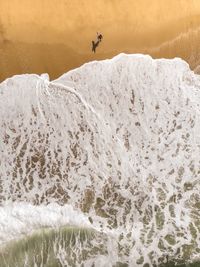 High angle view of man walking by surf on shore at beach
