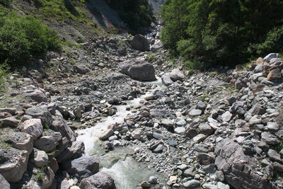 High angle view of river flowing through rocks