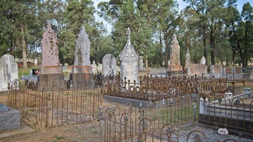 Panoramic shot of cemetery against building