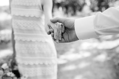 Close-up of hand holding leaf against blurred background