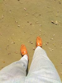 Low section of man standing on sand