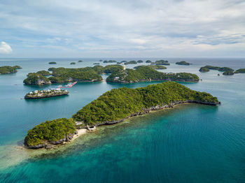 Scenic panorama drone aerial picture of the hundred islands national park in pangasinan, philippines