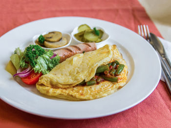 High angle view of breakfast served on table