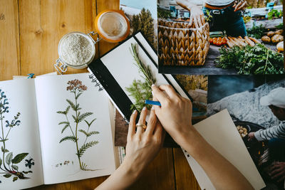 Hands of female food stylist arranging herbs on diary at table