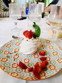 Close-up of dessert served on table