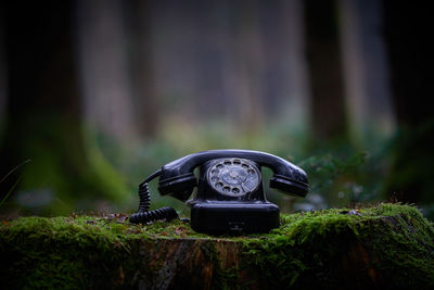 Close-up of telephone booth on grass