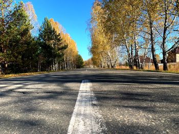 Surface level of road amidst trees against sky