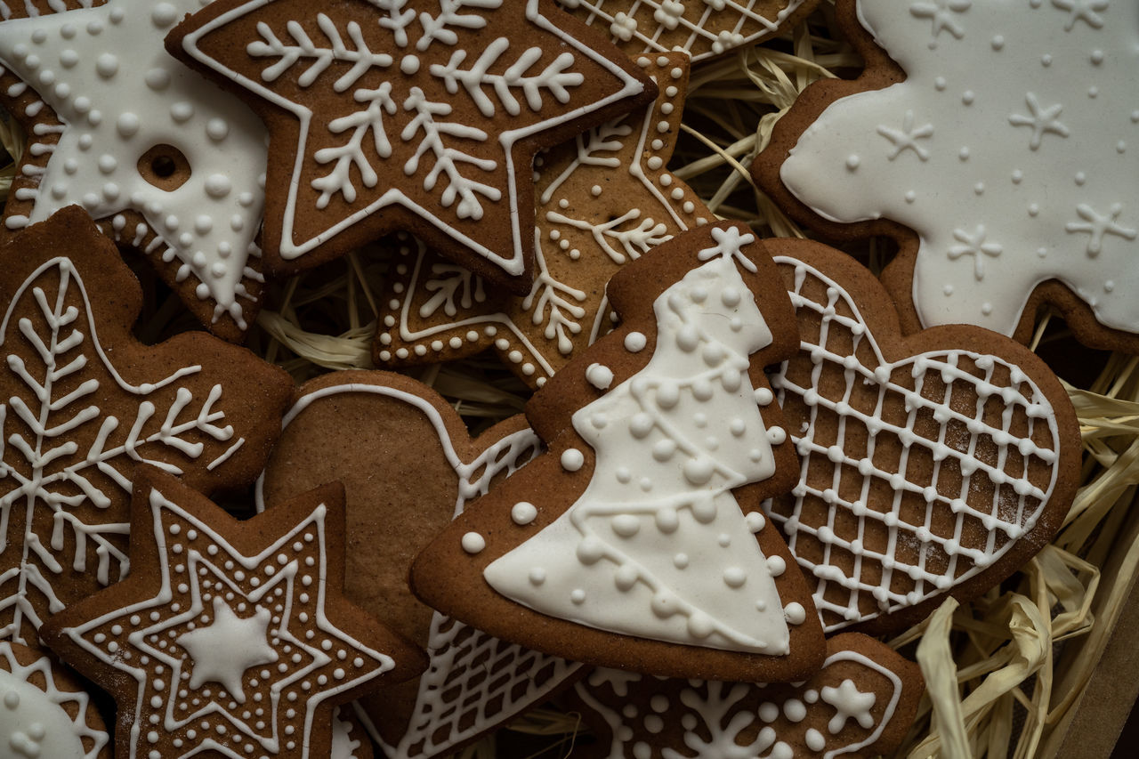 HIGH ANGLE VIEW OF COOKIES IN ROW ON CHRISTMAS TREE