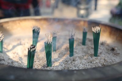 Close-up of lit candles in temple