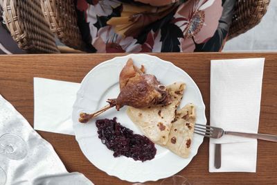 High angle view of food in plate on table