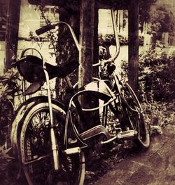 Bicycles parked in front of wall