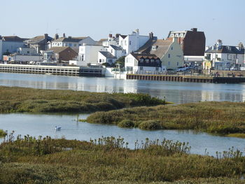 Scenic view of lake by buildings against sky