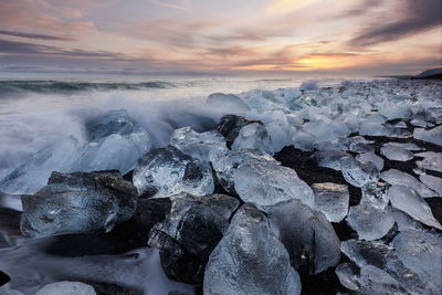 Diamond beach, ice blocks in a black sand beach