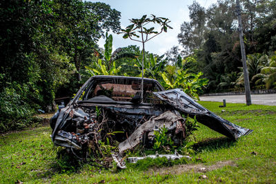 Abandoned car on field against trees