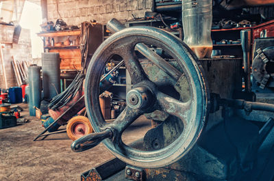 Part of a clamping machine. view of an old machine in a vintage workshop.