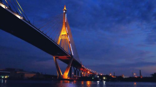 Low angle view of suspension bridge over river