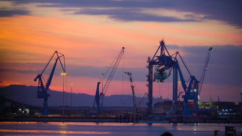 Cranes at commercial dock against sky during sunset