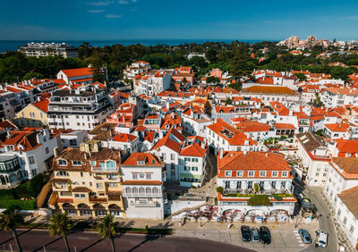 Aerial view of historic centre of cascais, portugal on a sunny day - portuguese riviera
