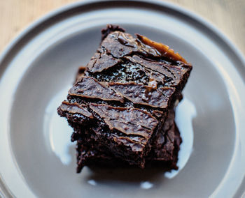 Close-up of chocolate brownie cake served in plate