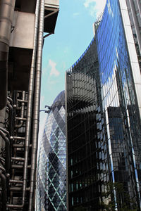 Low angle view of modern buildings against sky in city