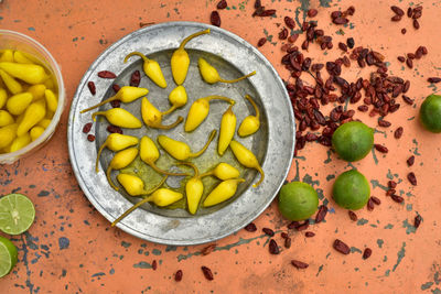 High angle view of chili pepper in plate on table