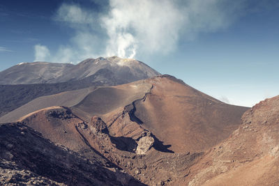 Scenic view of volcanic mountain against sky